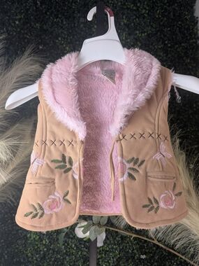Girls Tan Faux-Suede Vest with Pink Faux-Fur Lining